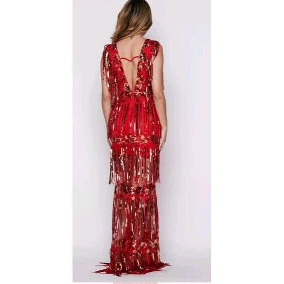 Banjul Sequin Mesh Maxi Dress Gown Size Small Red Gold Party Cocktail Sparkly - Picture 2 of 11